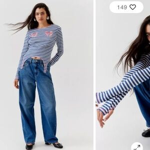 UO Urban Outfitters Striped Bow Long Sleeve Baby Tee Medium M Blue Pink